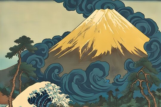 Traditional Japanese Ukiyo-e Style Illustration of Golden Mount Fuji with Dynamic Ocean Waves and Pine Trees