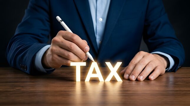A professional businessman in a suit pointing at the word tax written with wooden letters on a wooden table