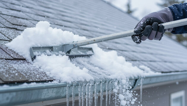 Snow Removal from Residential Roof with Roof Rake During Winter Season