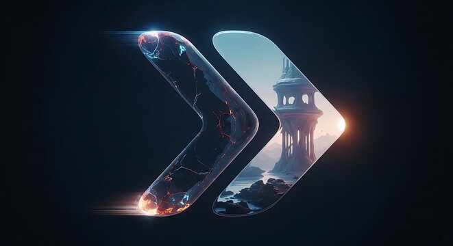 Abstract double arrow symbols containing surreal landscape views