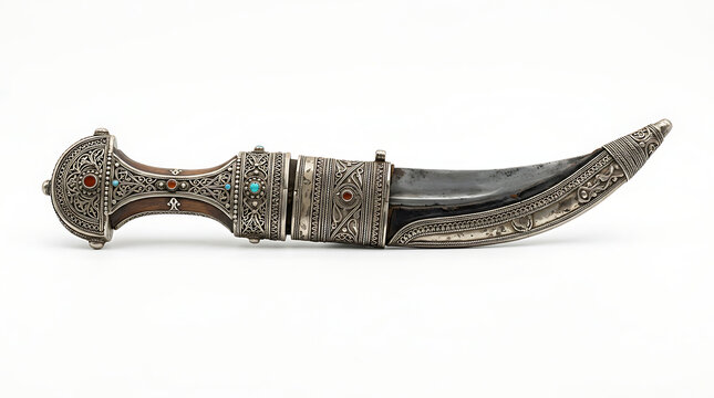Traditional Antique Khanjar Dagger with Ornate Silver Detailing Isolated on White Background