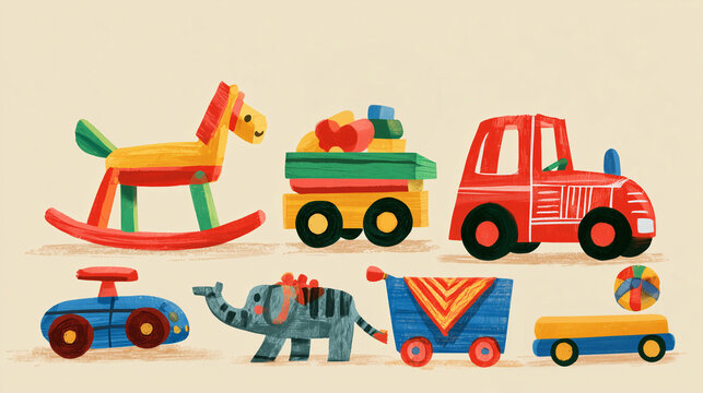 Hand drawn childlike boys' toy collection with wooden vehicles, rocking horse, train, elephant, airplane and colorful blocks