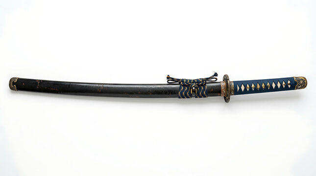 Traditional Japanese Katana Sword with Blue Handle Sheath Isolated on White Background
