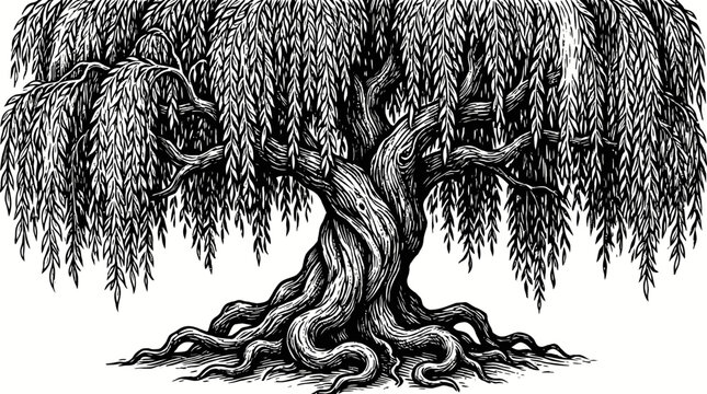 Hand Drawn Black and White Weeping Willow Tree Illustration
