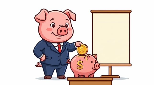 Cartoon businessman pig character saving money in piggy bank with blank board.