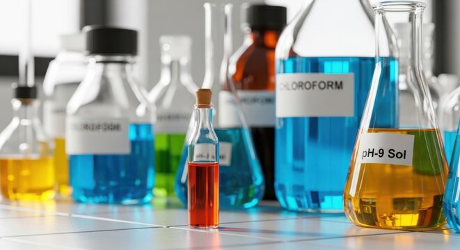 Laboratory glassware with various colorful chemical solutions and reagents on a workbench