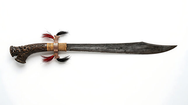 Antique Tribal Mandau Sword from Borneo Isolated on a Clean White Studio Background