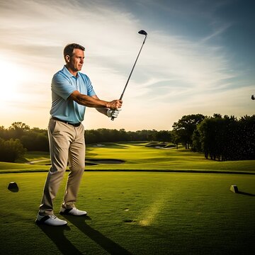 Man swinging golf club on lush green course at sunset