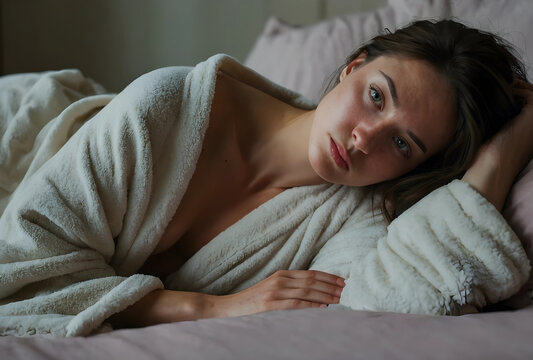 Young woman in a soft bathrobe lying on a bed, relaxation and comfort at home, self care and wellness lifestyle