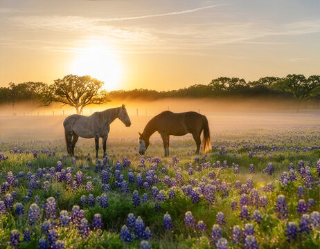 Two horses grazing in Texas bluebonnet flower pasture at beautiful and peaceful foggy sunrise