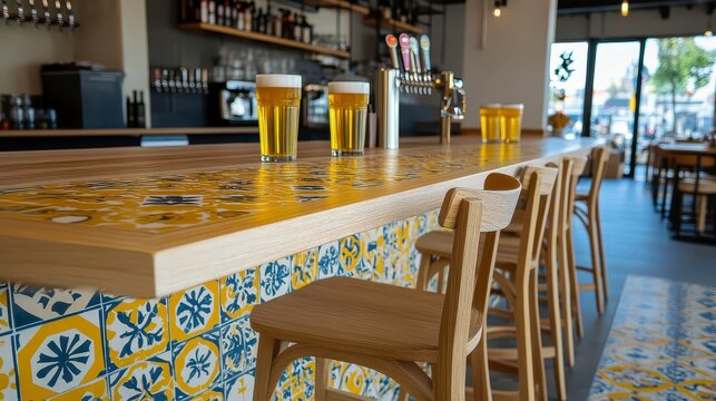 Modern Bar Counter With Colorful Tiles And Light Beer
