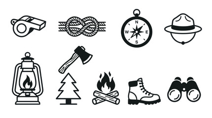 Obraz premium Outdoor Adventure Icons: Camping, Hiking, and Exploration Gear