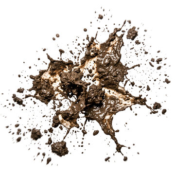 Dynamic Mud Splash and Brown Liquid Splatter with Droplets and Texture Isolated on Black Background