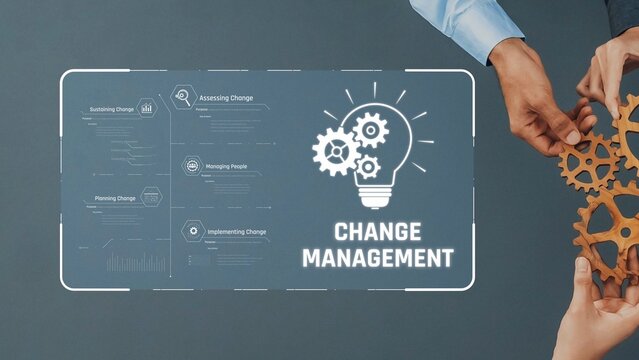 Two hands assemble gear pieces alongside change management graphics to represent collaboration in business strategies for effective leadership and innovation. Raster