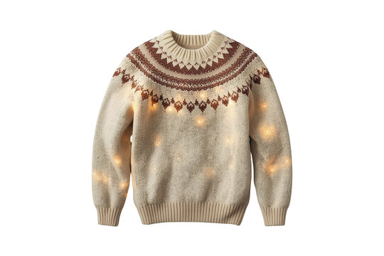 Cream knitted holiday sweater with brown patterned yoke isolated