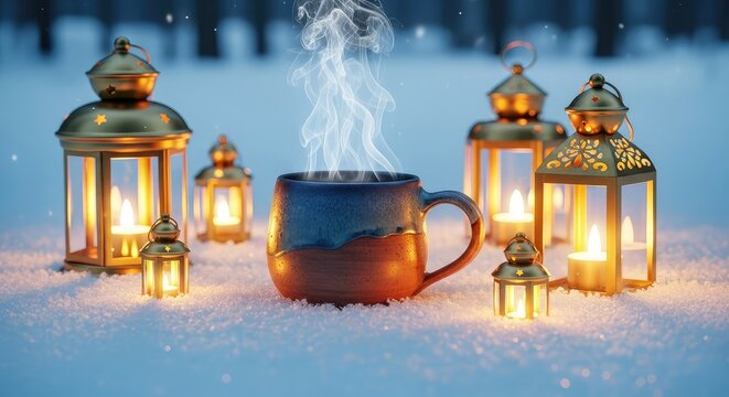 A rustic ceramic mug filled with a steaming hot beverage rests on soft snow surrounded by golden glowing lanterns in a magical winter forest, twilight, holiday, warmth