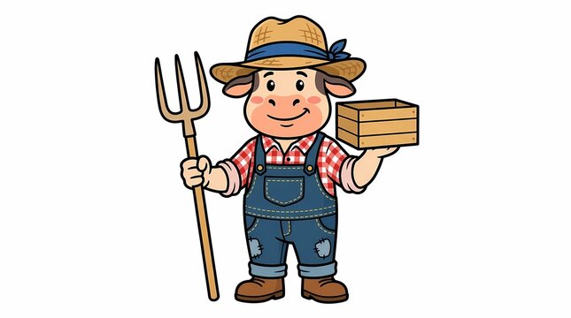 Cute cartoon cow farmer character holding a pitchfork and a wooden crate.