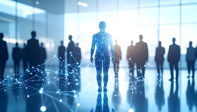 Digital human figure standing among business silhouettes, representing artificial intelligence, virtual identity, digital transformation, and future workforce concepts.