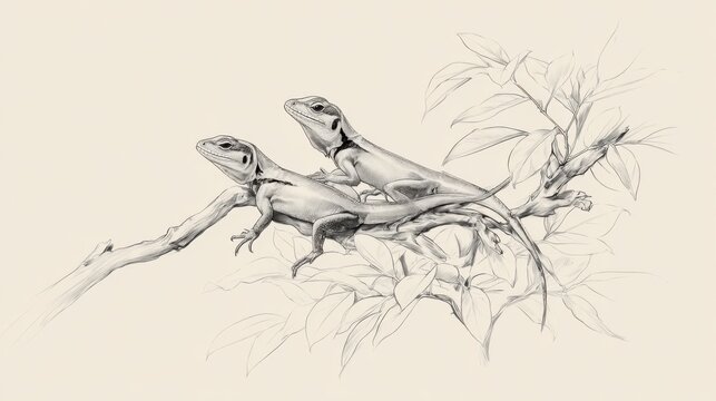 Two Lizards on Branch Surrounded by Leaves in Detailed Sketch Art