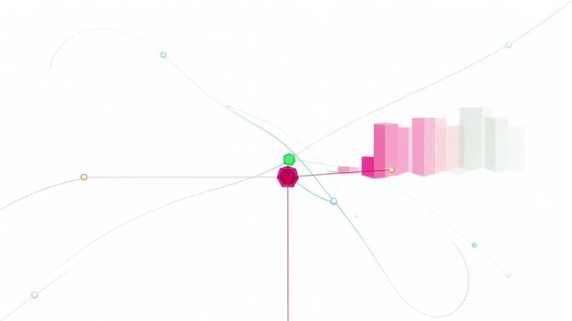 Geometric abstract data visualization animation showing pink growing bar charts and flowing orbital lines on a clean white digital background