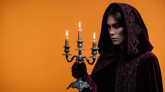 Person in ornate hooded velvet cloak holding candelabra with lit