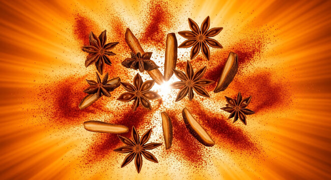 Close-up of star anise and cinnamon sticks with vibrant orange powder explosion, top view, concept for culinary art, spice marketing and aromatic flavor creation