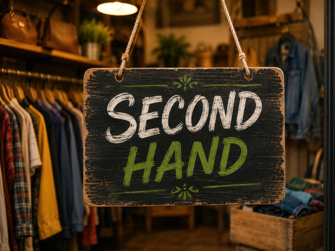 Second Hand Tag Hanging from Vintage Garment in Thrift Store Clothing Rack