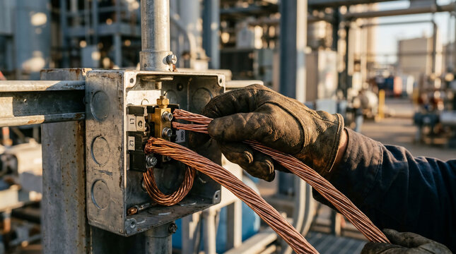Gloved hand wiring copper cables into a junction box at an industrial site, suitable for maintenance guides, safety training and energy reports.