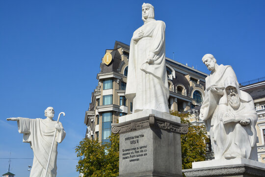KIEV UKRAINE: Details of Monument to Princess Olga was opened in 1911 consisting of figures of Prince Oleg Kyi, Schek, Horeb, Igor, Svyatoslav and other legendary historical figures