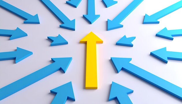 Bright yellow arrow standing out among blue arrows, representing leadership, direction, growth, strategic planning, innovation and business success.