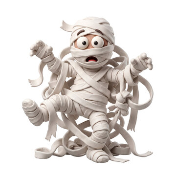 Cute cartoon mummy character with wide eyes and open mouth wrapped in bandages, in a dynamic pose, perfect for Halloween PNG Isolated on transparent background