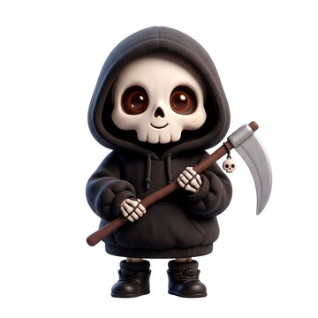 Cute cartoon grim reaper character with a scythe and skull charm, wearing a black hoodie and boots, perfect for Halloween PNG Isolated on transparent background