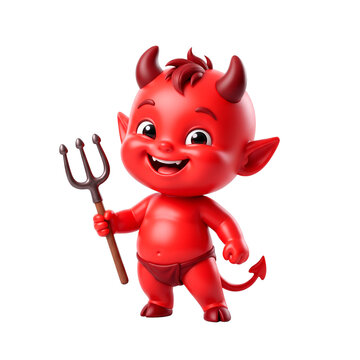 Cute red cartoon devil baby with horns and trident smiling playfully for Halloween PNG Isolated on transparent background