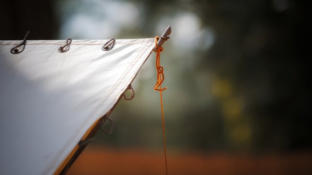 Close-up of taut triangular tent corner secured by rope.
