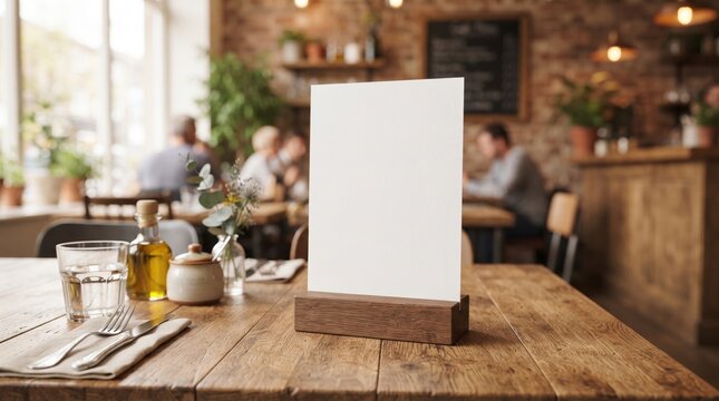 Blank table tent mockup on wooden restaurant table, white paper menu card in cafe interior, vertical sign holder for promotional marketing