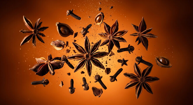 Anise stars and cloves scattered in mid-air, with fragments and spice dust, warm lighting, concept for gourmet food, culinary arts and aromatic recipes