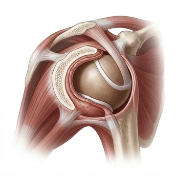 This anatomy illustration shows the tendon, ligament, and joint structures of the knee and shoulder with emphasis on the labrum in cross-section.