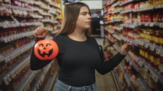 Woman holding pumpkin bucket raises palm stop gesture in supermarket aisle inside a building; disapproval refusal caution.