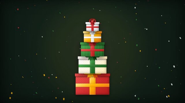 Stacked Colorful Holiday Gift Boxes on Dark Green Background with Falling Confetti for Celebration