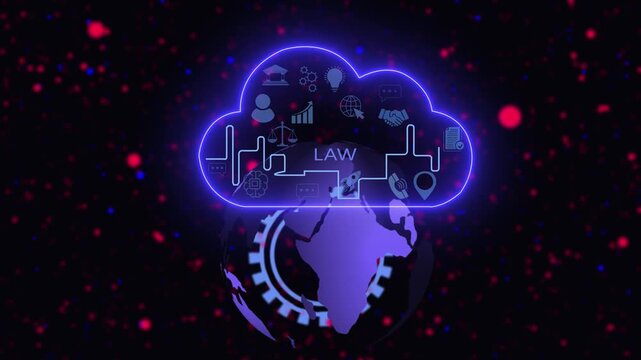 Digital law and global cloud computing network concept featuring animated earth globe with glowing legal and cybernetic data connectivity symbols for modern corporate tech and legal services