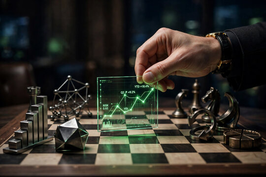 Hand holding glowing digital stock chart on chessboard with chess pieces, concept for financial strategy, business analysis and investment planning