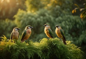 Obraz premium Four small tropical birds perched on lush green fern leaves in a sunlit forest environment, wildlife and nature conservation