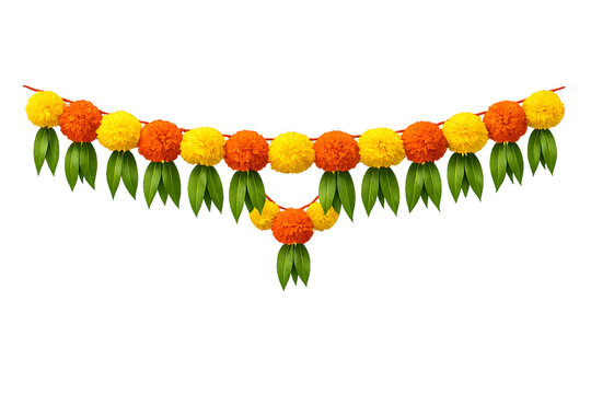 Traditional marigold flower garland for diwali celebration elements isolated on transparent background