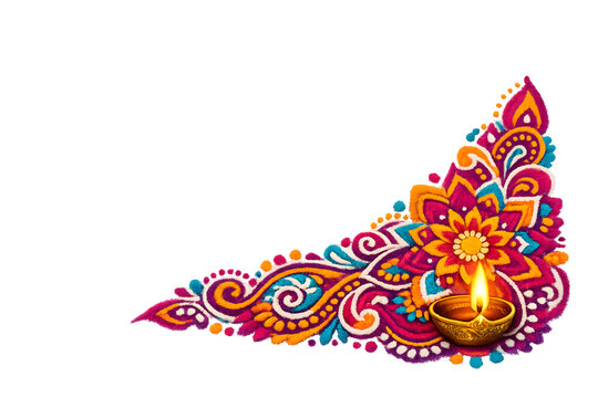 Decorative rangoli corner with lit oil lamp for diwali celebration elements isolated on transparent background
