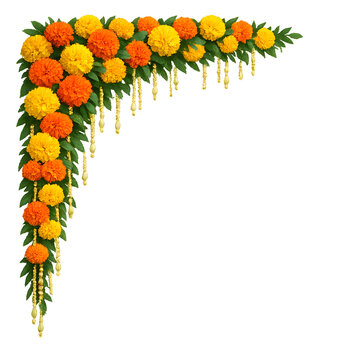Corner floral garland featuring vibrant diwali celebration elements with marigold flowers isolated on transparent background