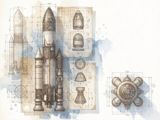 Fototapeta premium Technical blueprint of a rocket launch vehicle and internal components