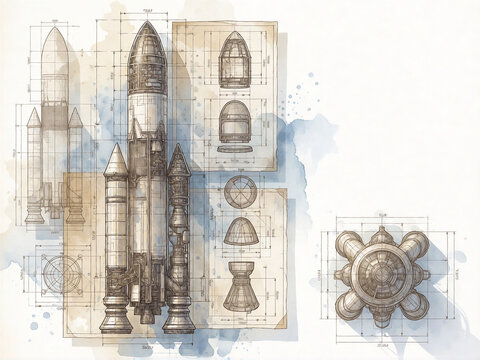 Technical blueprint of a rocket launch vehicle and internal components