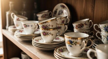 Fototapeta premium Collection of Vintage Floral Teacups and Saucers Displayed on a Wooden Shelf in a Cozy Setting.