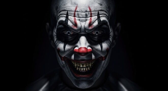 Creepy Clown Face with Red Nose and Grinning Teeth on Black Background.