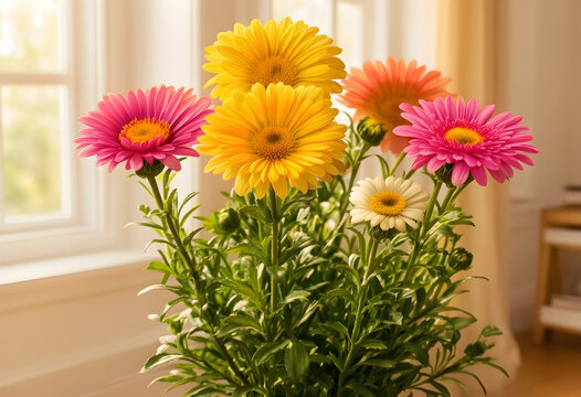 Colorful gerbera daisy flowers in a pot near a sunlit window, growth and natural beauty indoors